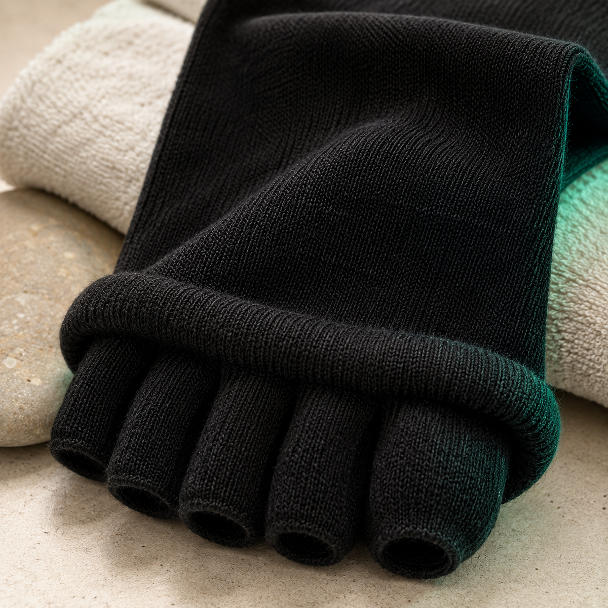 Close-up of the soft breathable knit and toe separators
