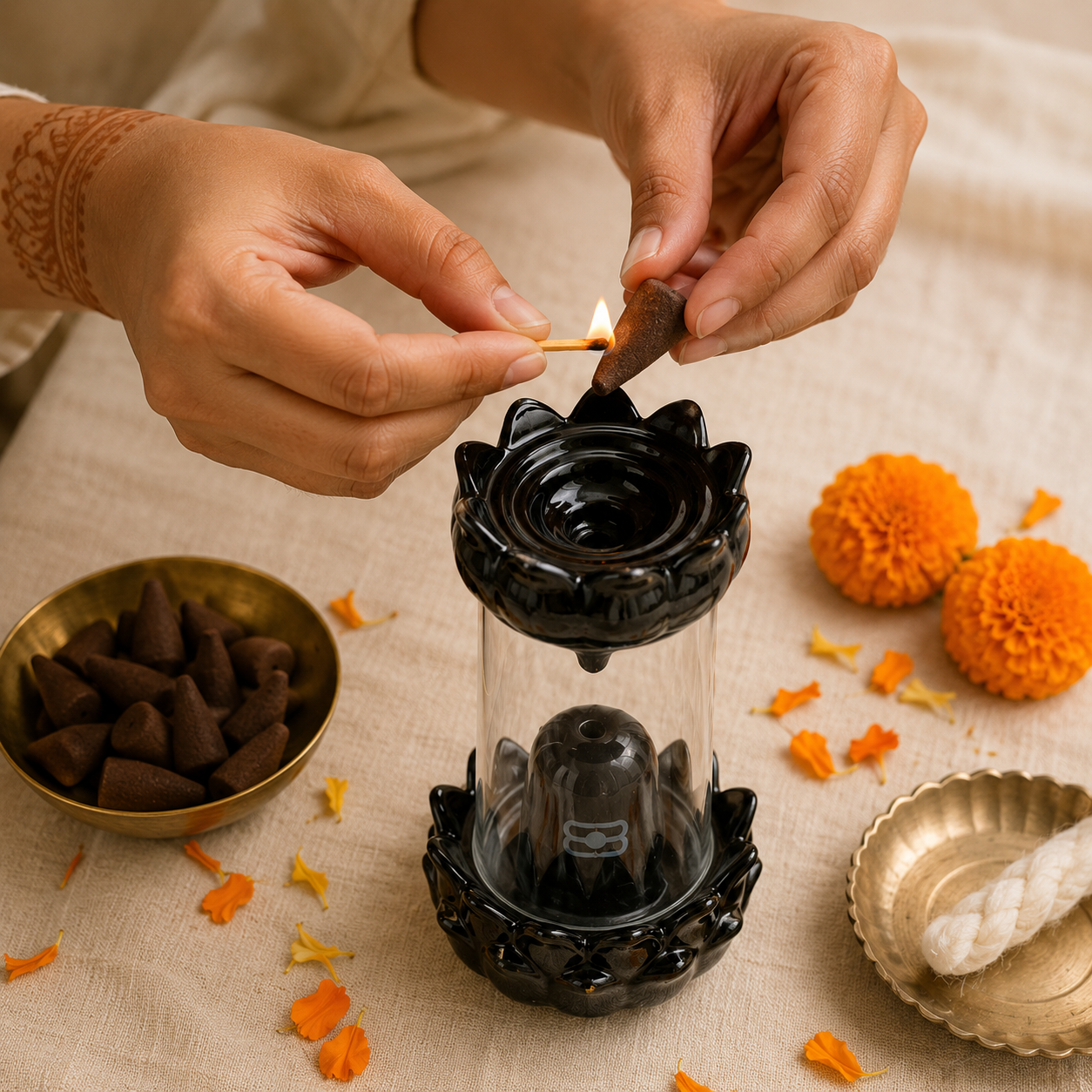 Shivling dhoop fountain on a wooden home mandir with marigolds, diya, brass kalash and rudraksha mala, a woman doing namaste in soft golden light