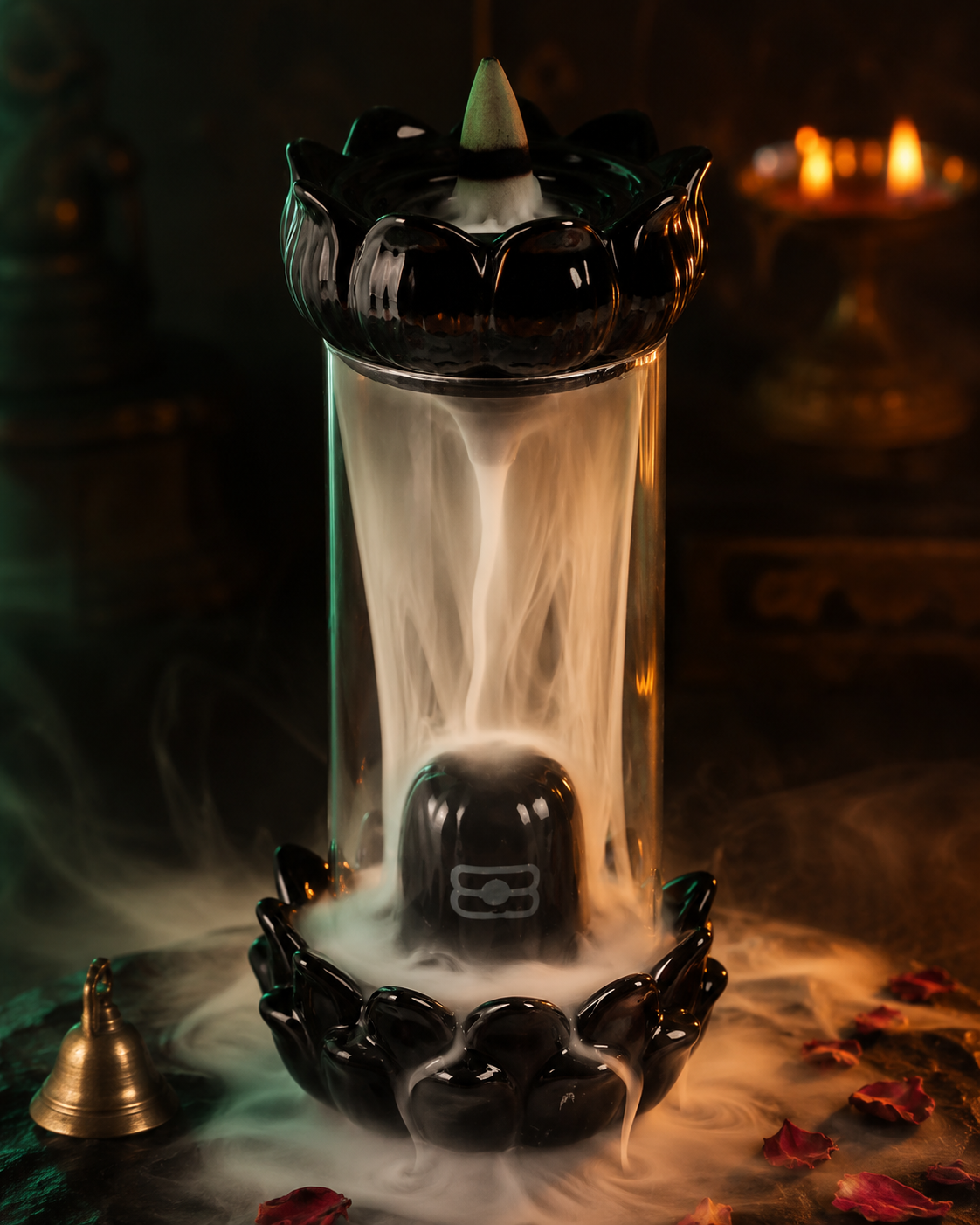 Two hands cradling the Shivling dhoop fountain at chest level, showing its real-world size against a neutral cream background