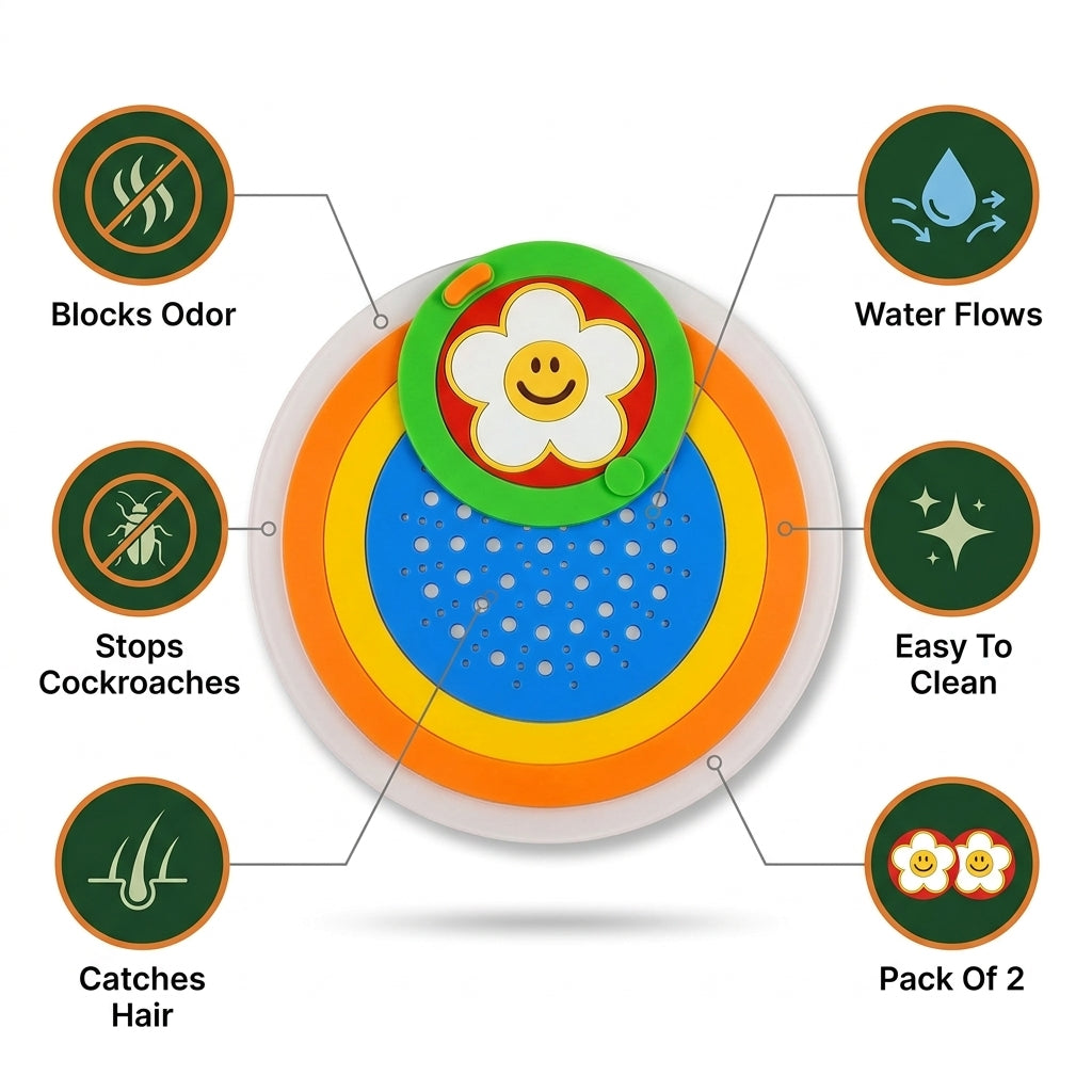 Infographic showing drain cover benefits: blocks odor, stops cockroaches, catches hair, water flows, easy to clean, pack of 2