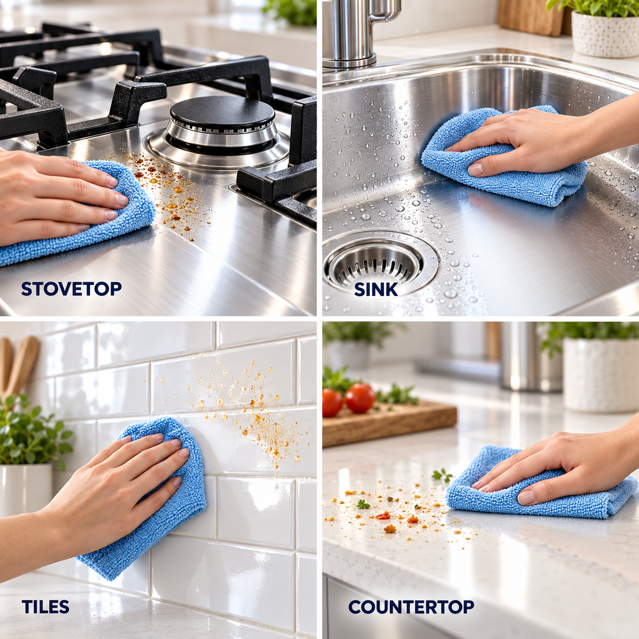 Four kitchen surfaces freshly cleaned