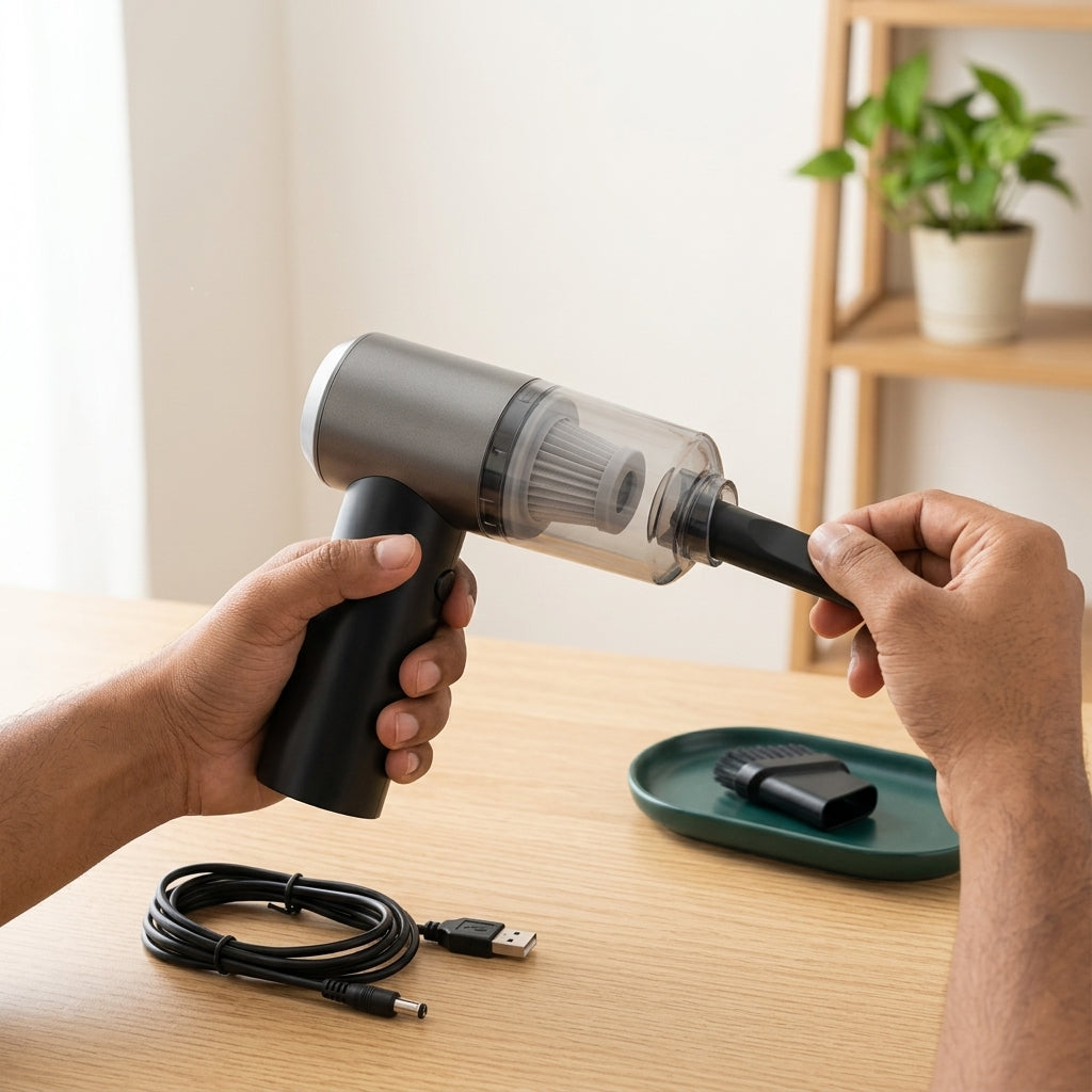Hands clicking the crevice nozzle onto the vacuum with the USB cable nearby