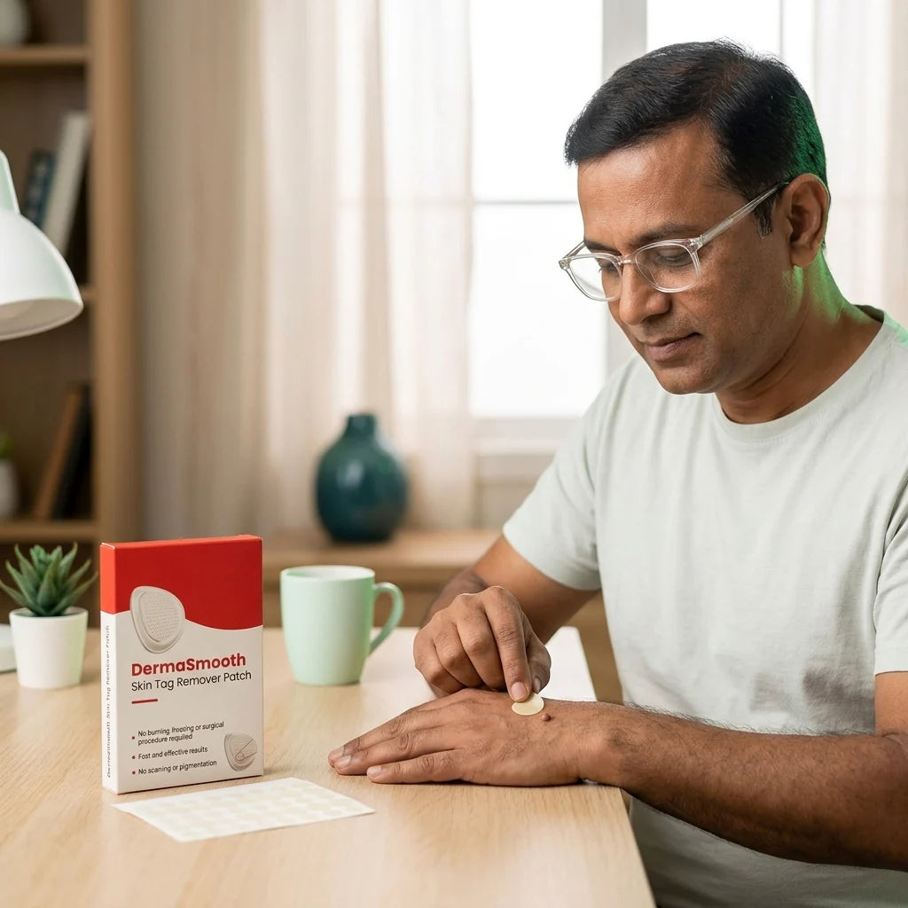 Man applying the skin tag remover to his skin at home