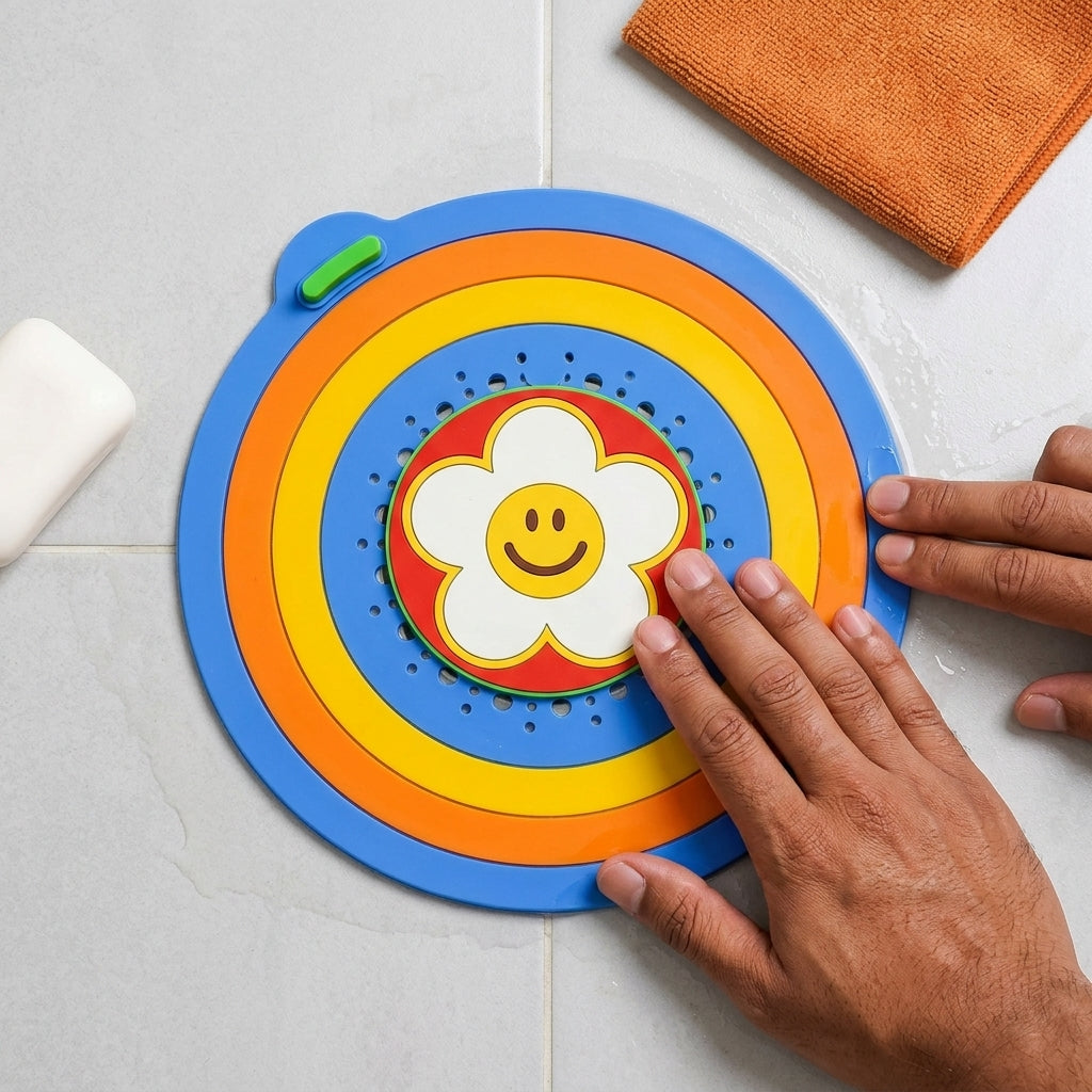 Hands pressing the silicone drain cover flat over a bathroom floor drain