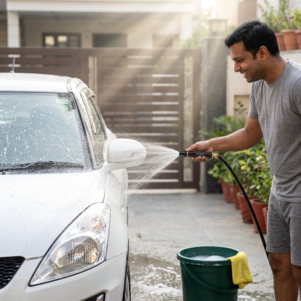 Man washing his car at home in the driveway with the Jet Spray Gun
