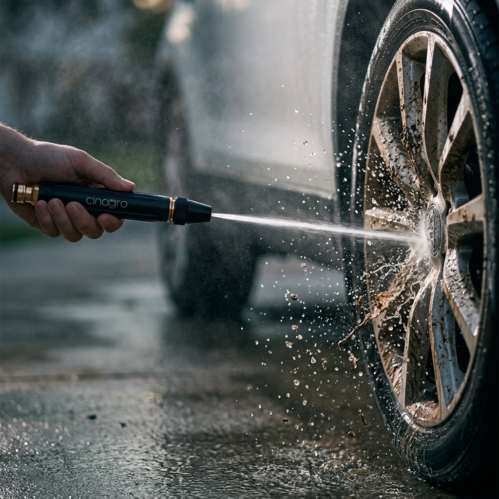 Jet Spray Gun firing a high-pressure water jet cleaning a car wheel