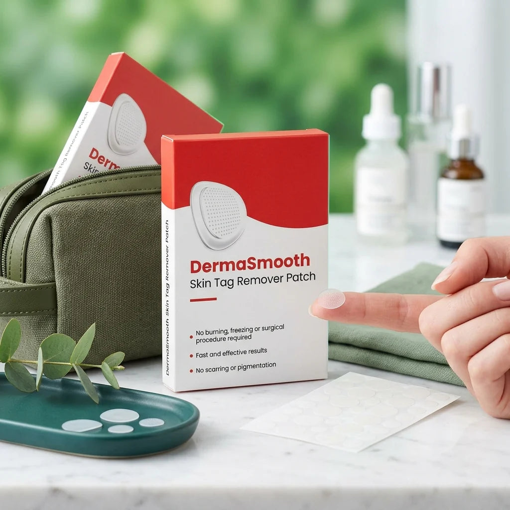 DermaSmooth skin tag remover pack on a marble surface showing real size and quality