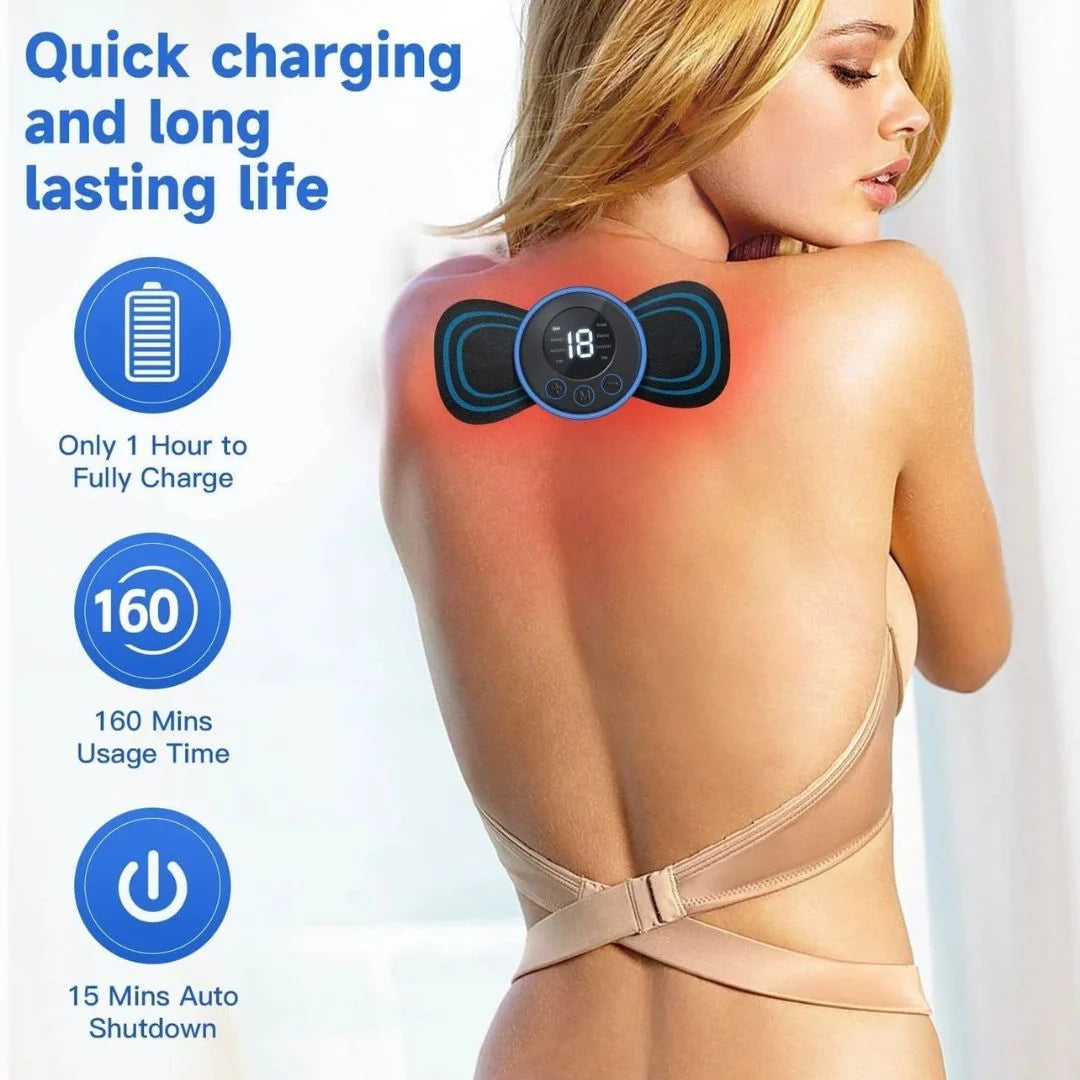 Butterfly massager being used on shoulder for tension relief