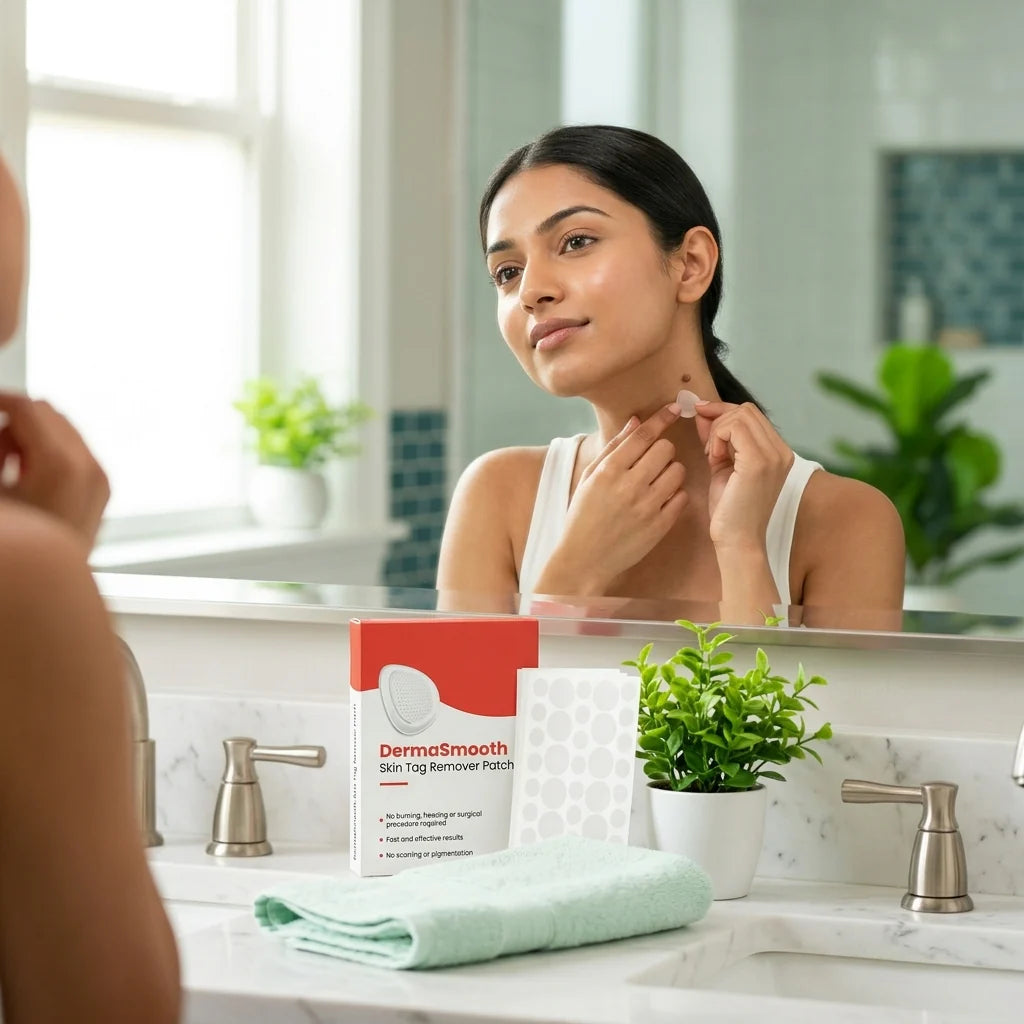 Woman applying the skin tag remover to her neck during her morning routine
