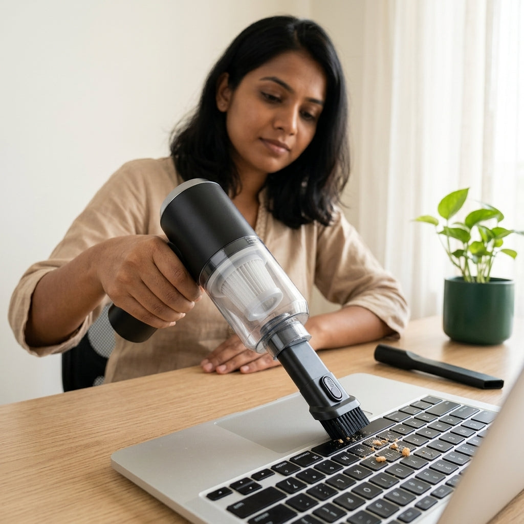 Woman using the vacuum's brush attachment to clean her laptop keyboard at home