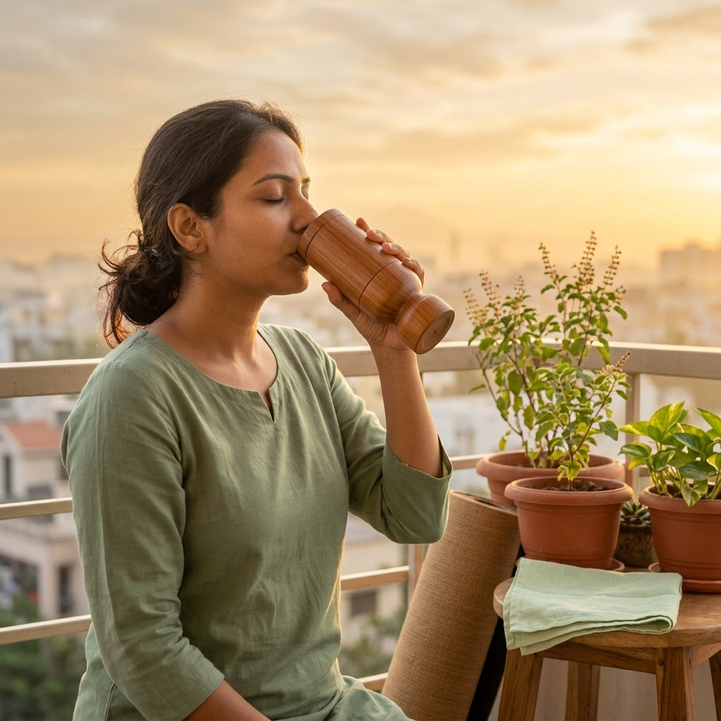 Woman drinking neem-infused water from the wooden weight loss glass at sunrise