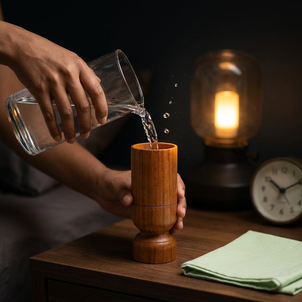 Hands pouring water into the wooden glass at night on the bedside table