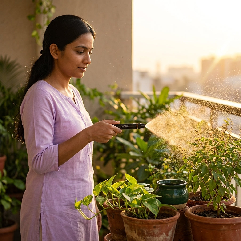 Woman watering balcony plants with the fine mist mode of the Jet Spray Gun