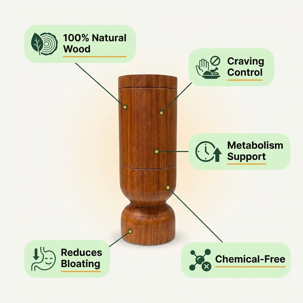 Infographic of the wooden weight loss glass benefits — natural wood, metabolism support, reduces bloating, craving control, chemical-free