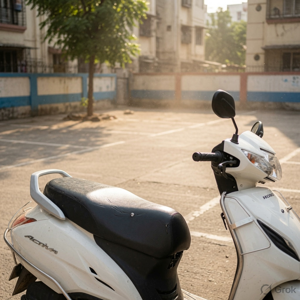 Scooter with seat cover parked under harsh afternoon sun