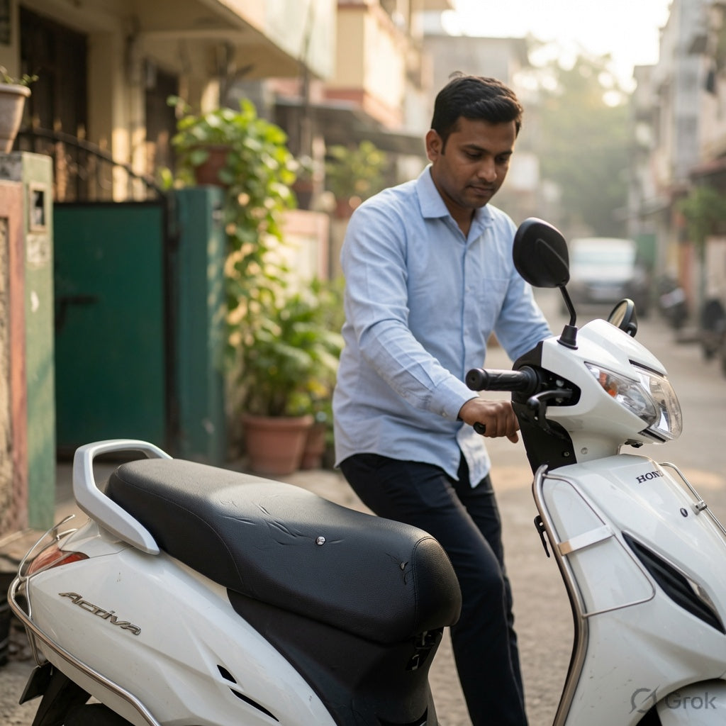 Rider parking his scooter fitted with the anti-slip seat cover