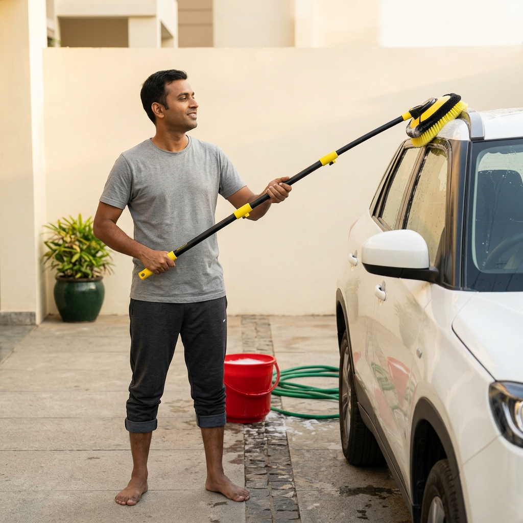 Man comfortably washing his SUV roof at home using the extended curved brush, both feet on the ground